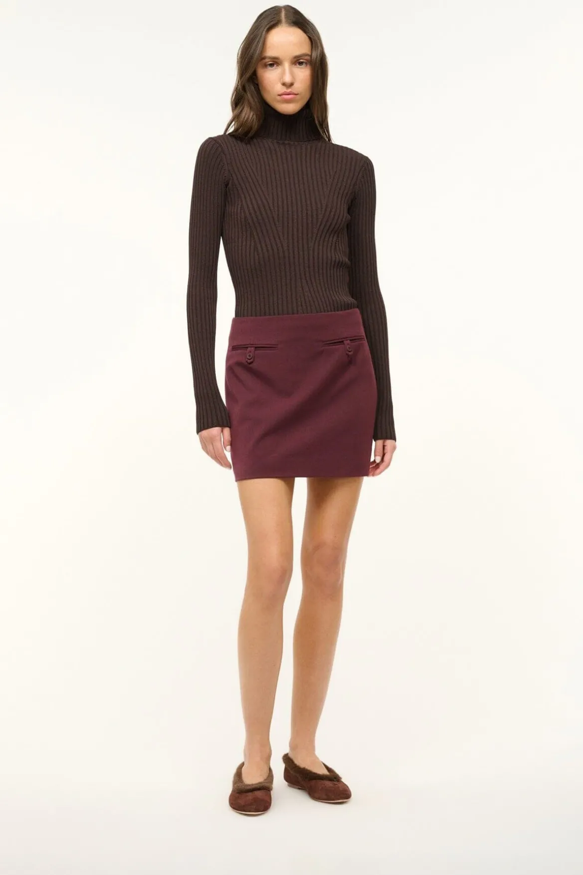 STAUD ALBA FAUX FUR TRIM BALLET MAHOGANY