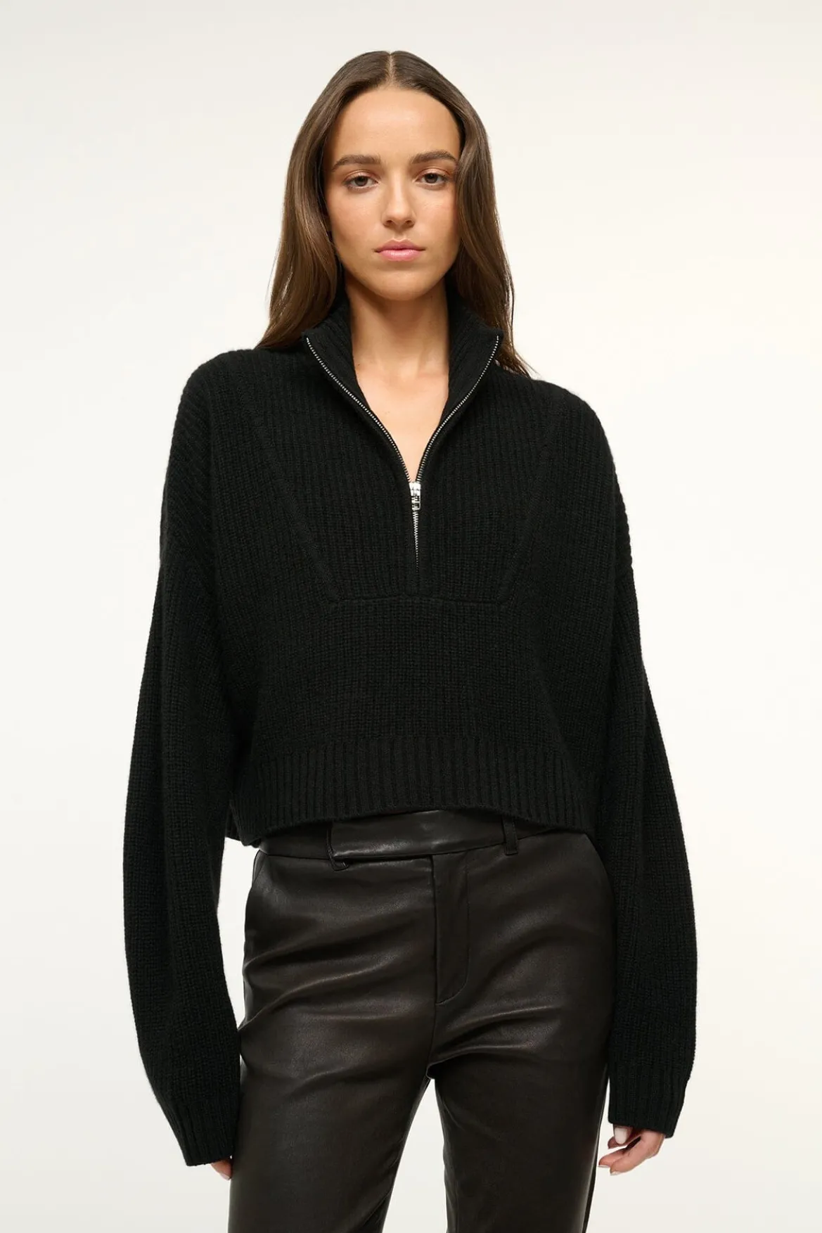 STAUD CASHMERE CROPPED HAMPTON SWEATER BLACK