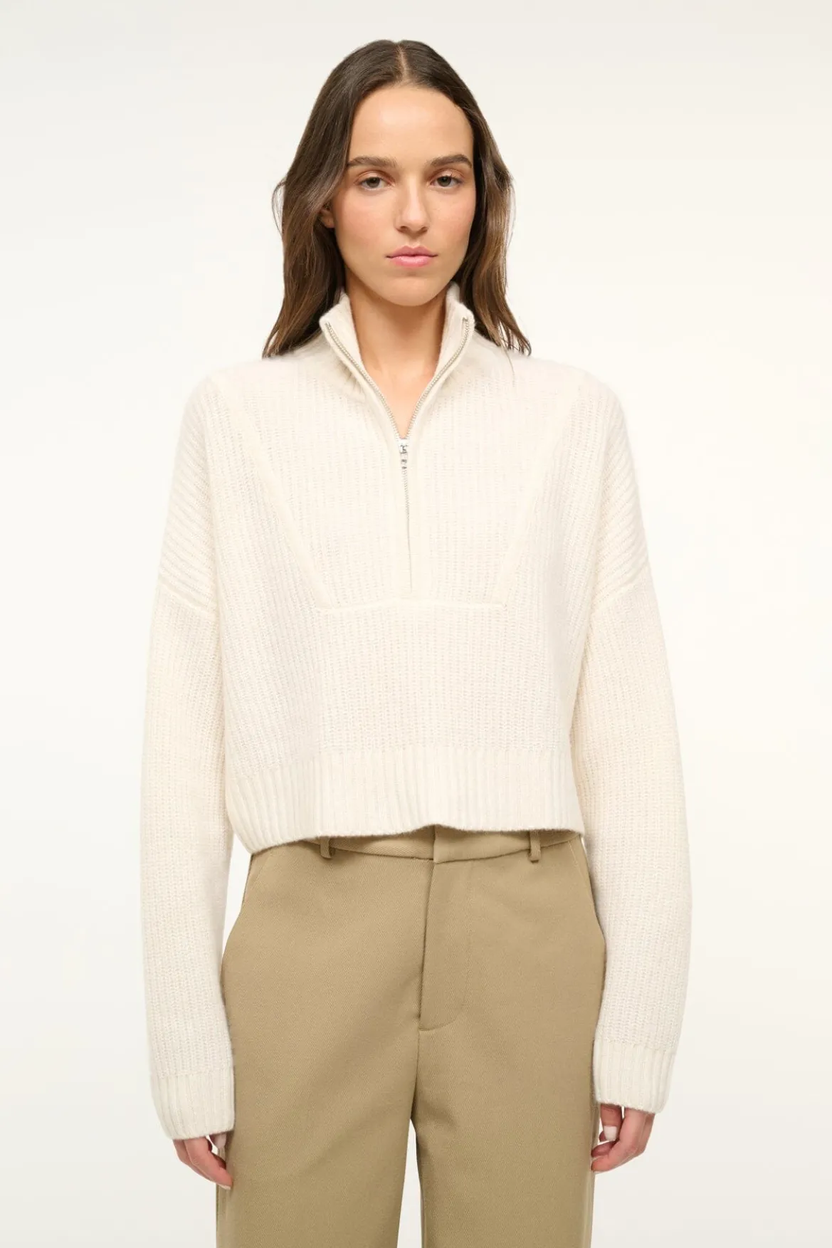 STAUD CASHMERE CROPPED HAMPTON SWEATER IVORY