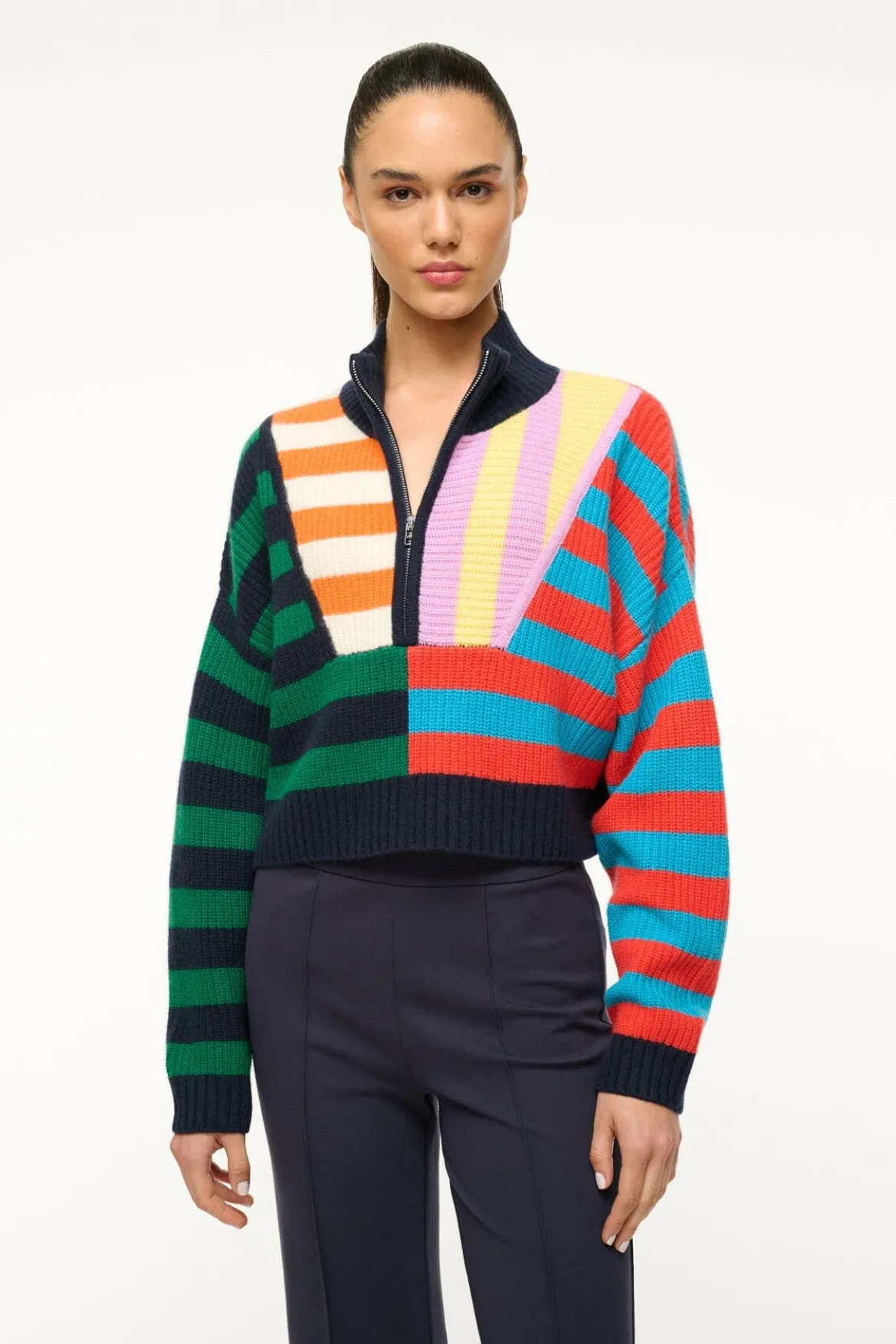 STAUD CASHMERE CROPPED HAMPTON SWEATER CABANA STRIPE MULTI