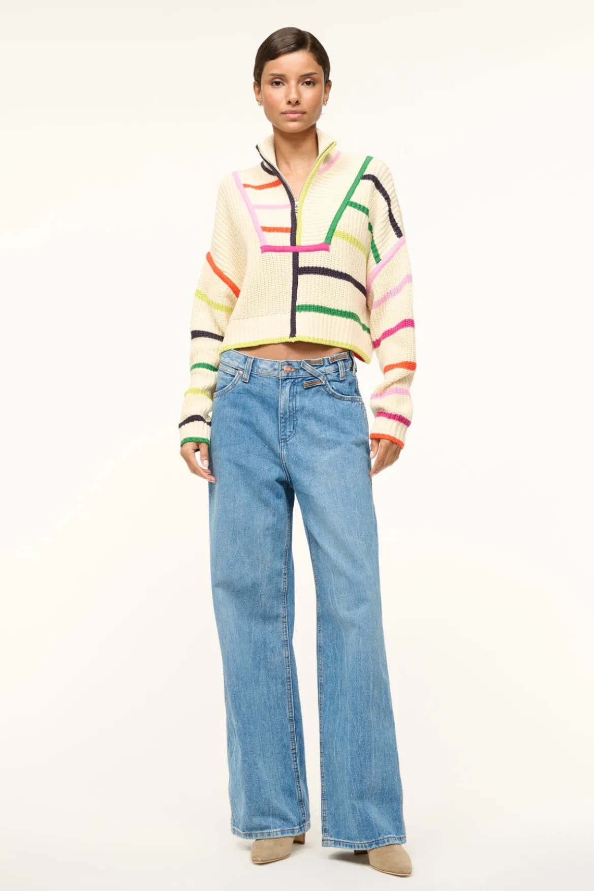 STAUD CROPPED HAMPTON SWEATER CREAM RAINBOW MULTI