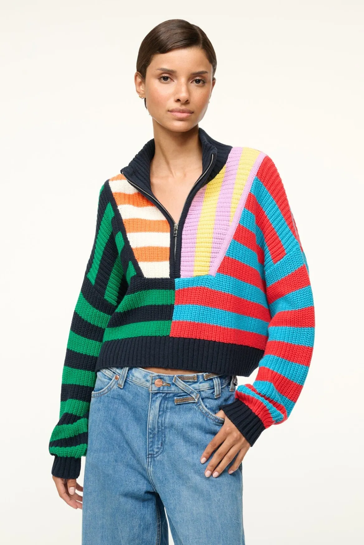 STAUD CROPPED HAMPTON SWEATER CABANA STRIPE MULTI