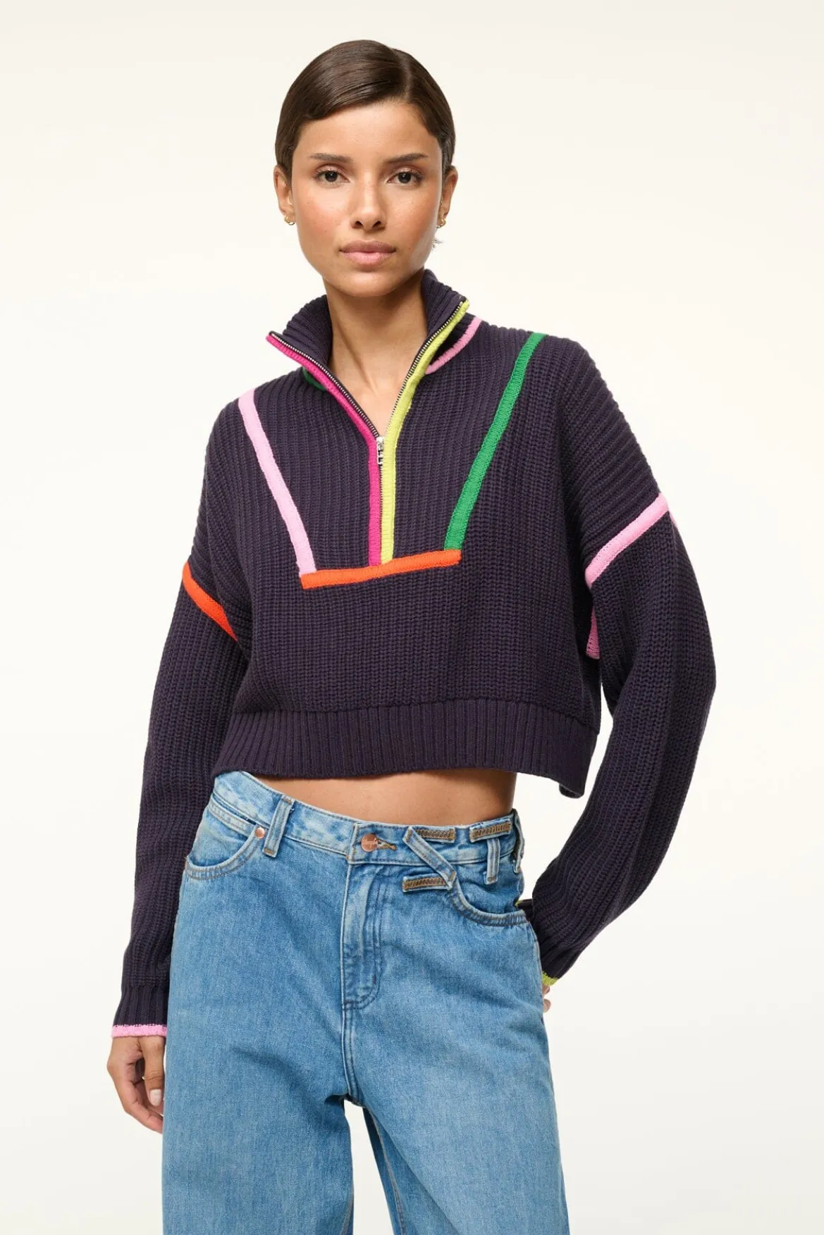 STAUD CROPPED HAMPTON SWEATER NAVY MULTI
