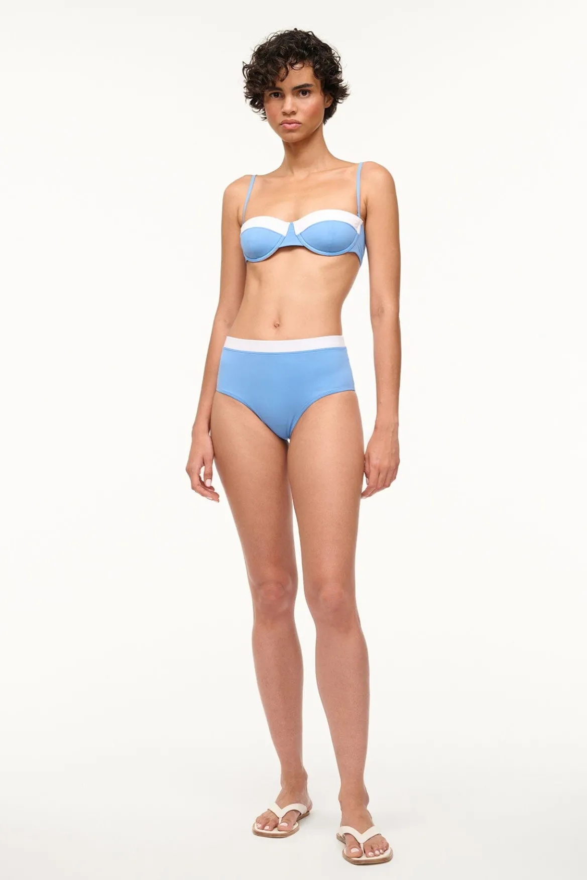 STAUD DEVON HIGH RISE BIKINI BOTTOM AZURE WHITE