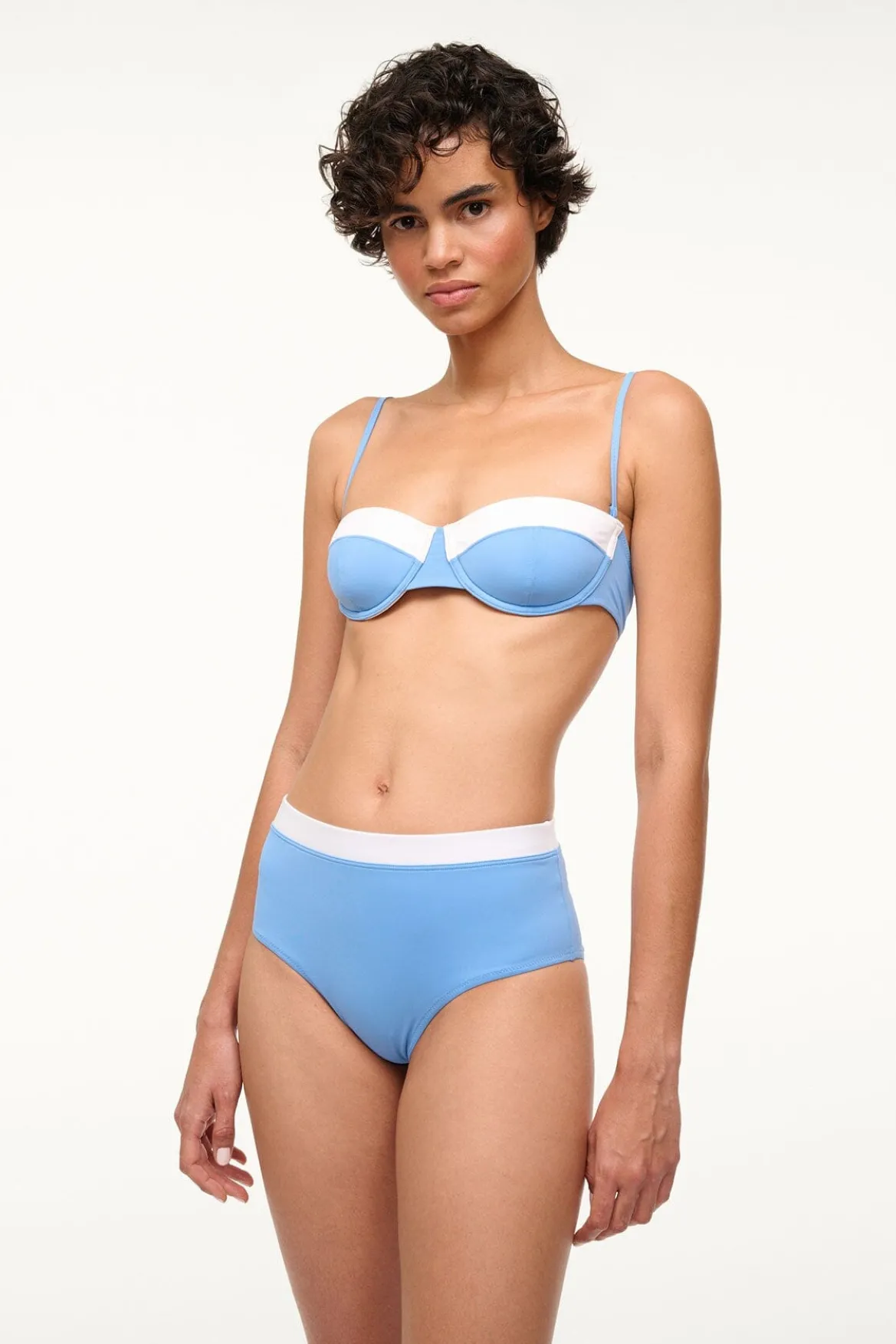 STAUD DEVON HIGH RISE BIKINI BOTTOM AZURE WHITE
