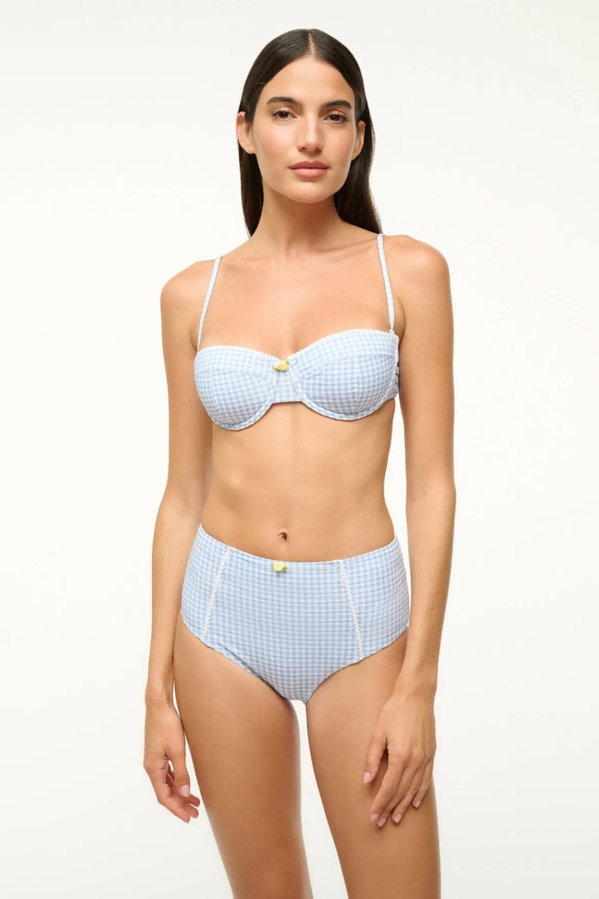 STAUD JO BALCONETTE BIKINI TOP SKY MICRO CHECK