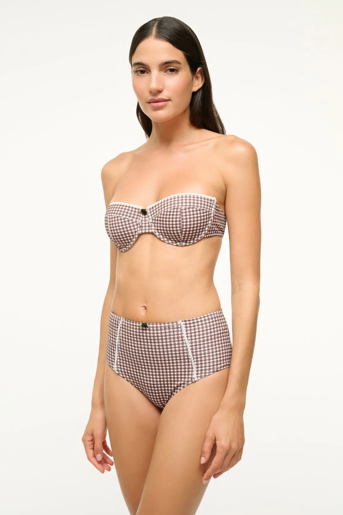 STAUD JO BALCONETTE BIKINI TOP DARK CHOCOLATE MICRO CHECK