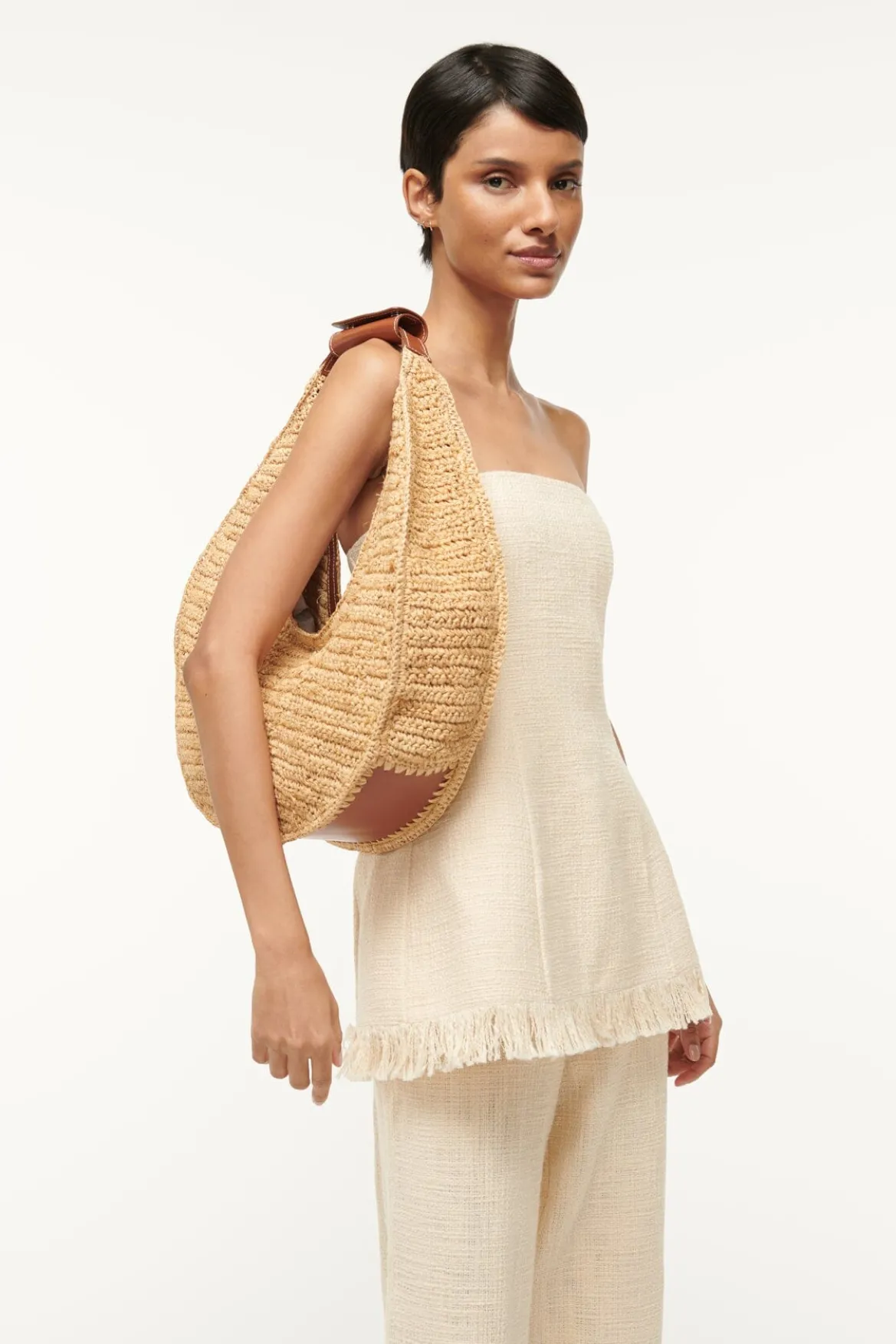 STAUD LARGE RAFFIA MOON TOTE BAG NATURAL TAN