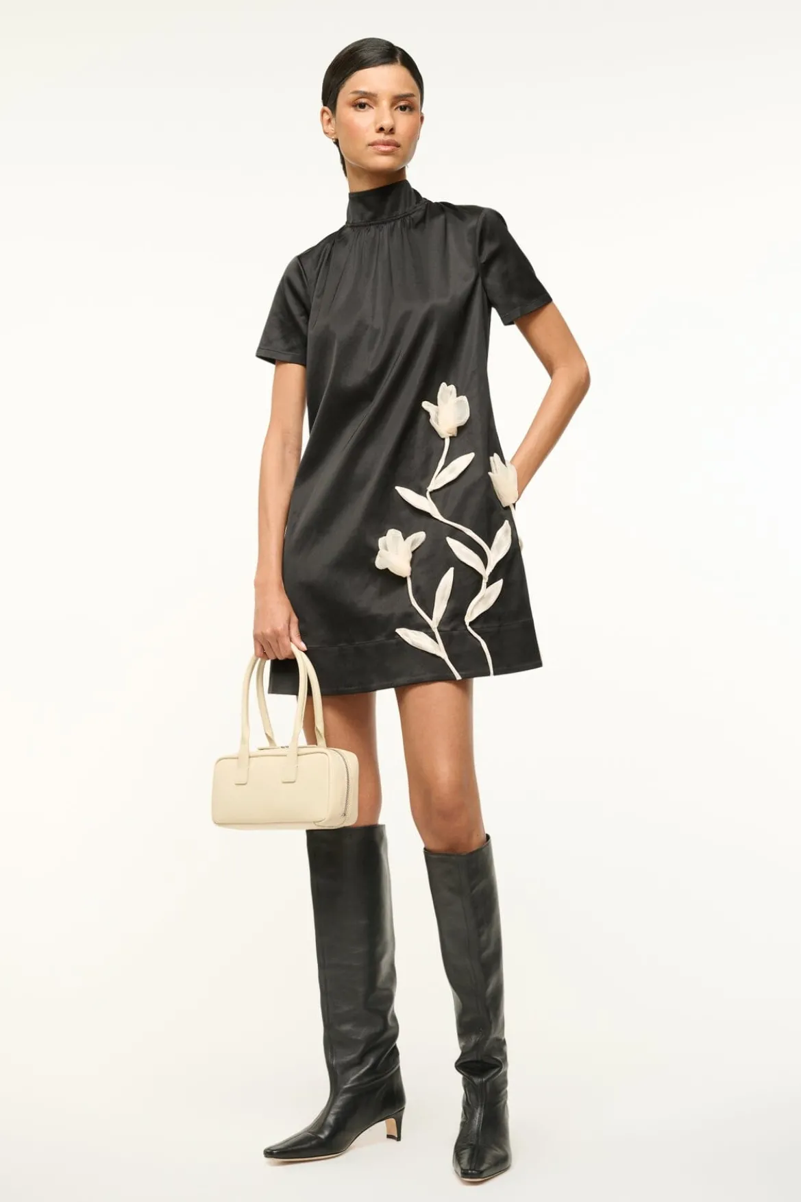 STAUD MINI ILANA DRESS BLACK SATIN