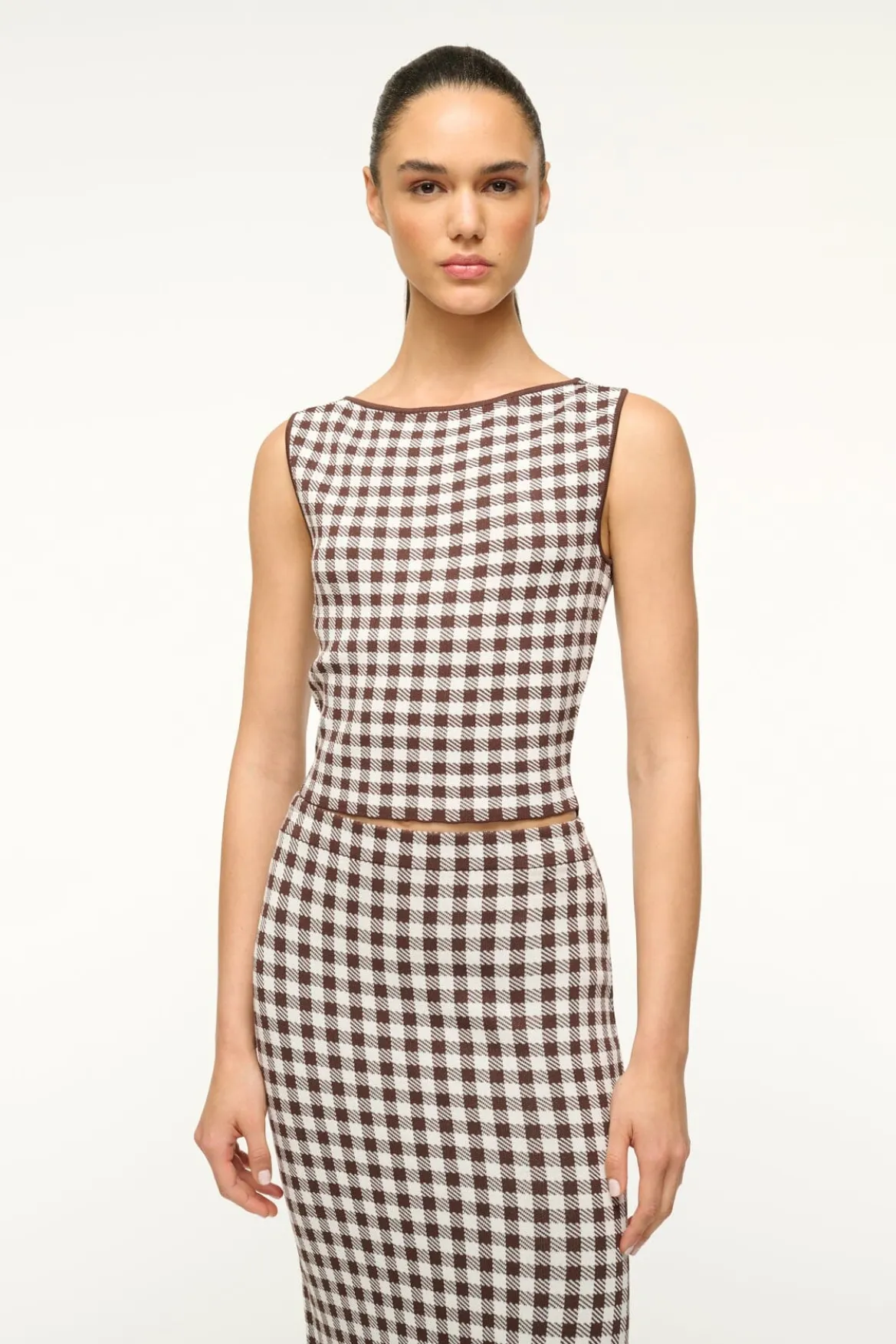 STAUD MONTGOMERY TOP DARK CHOCOLATE GINGHAM