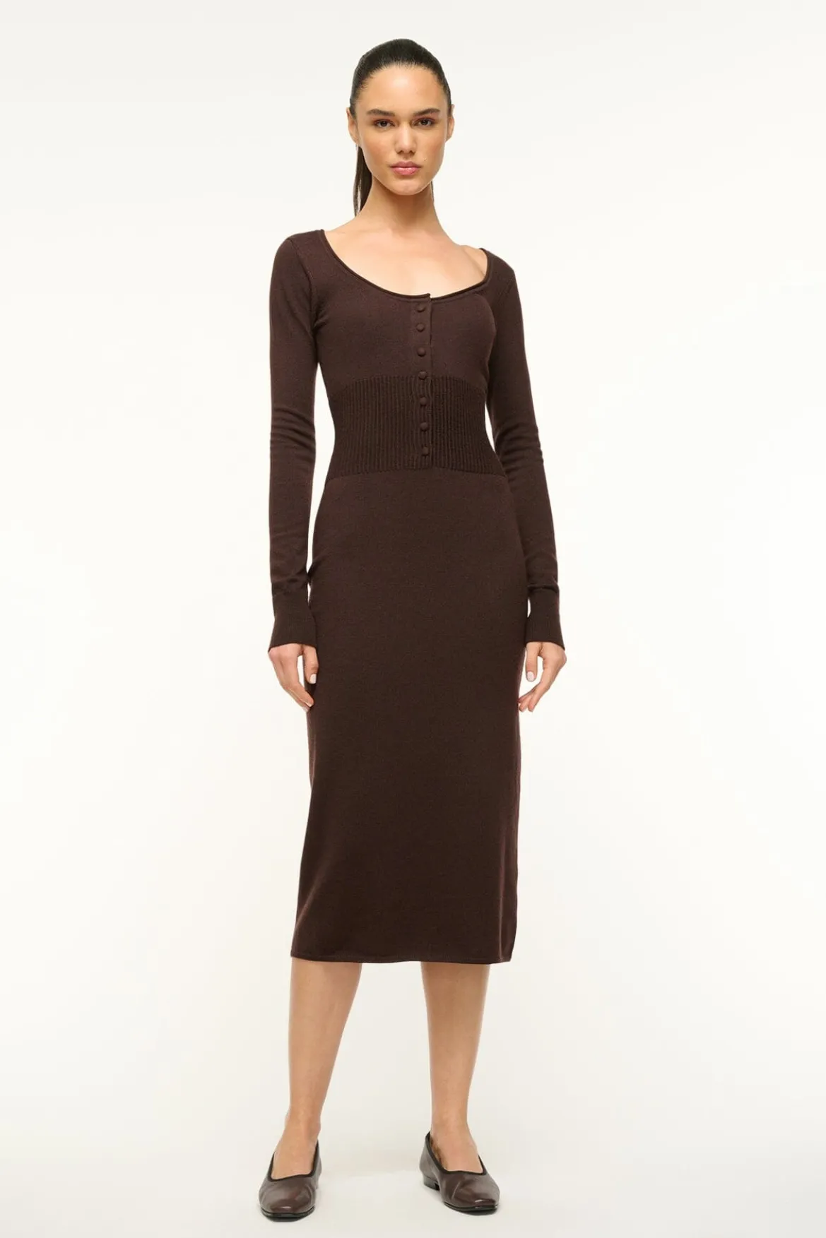 STAUD SABRINA DRESS DARK CHOCOLATE