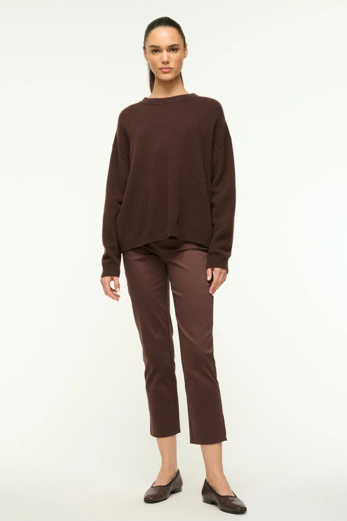 STAUD SERRANO CASHMERE RELAXED CREW DARK CHOCOLATE