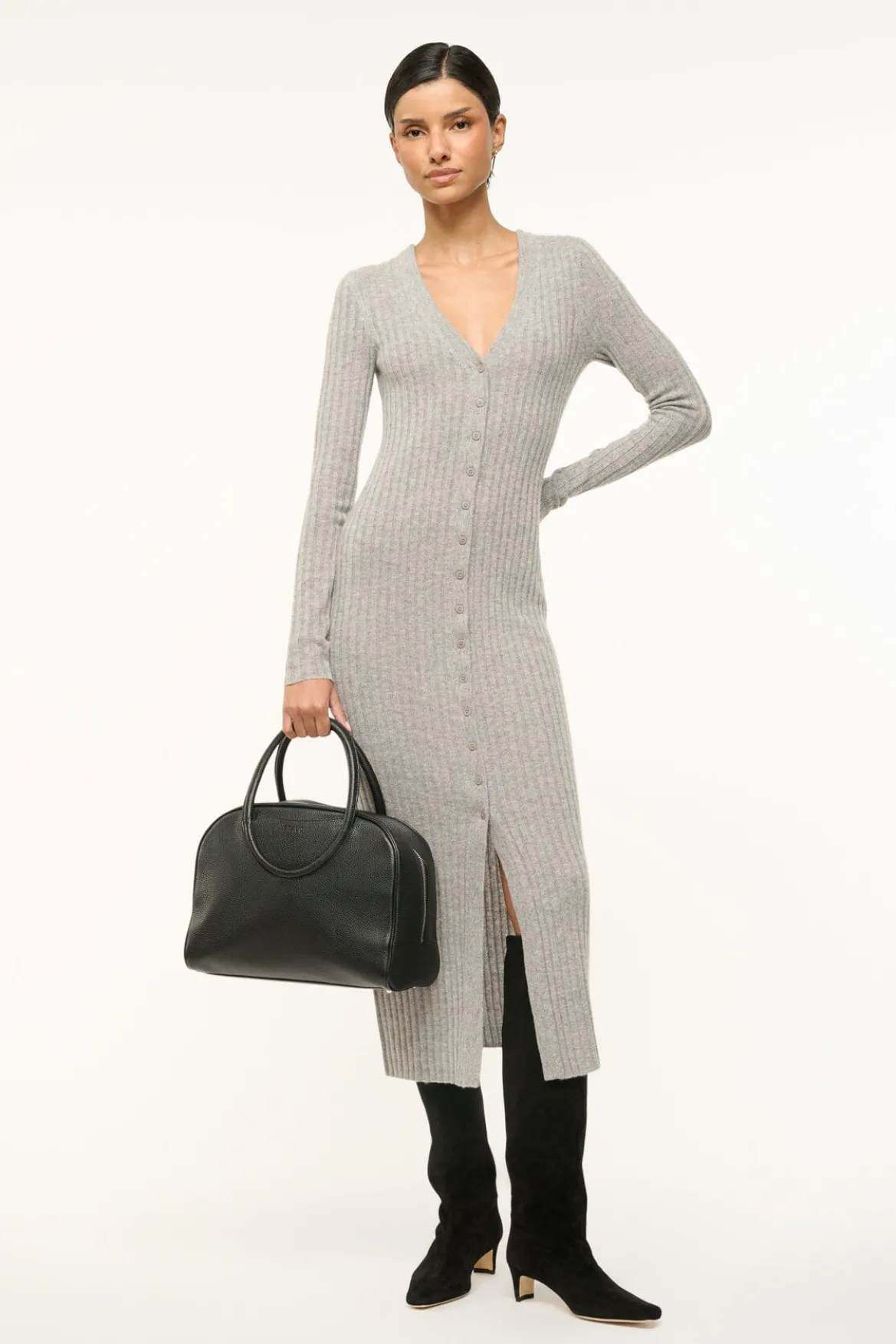 STAUD SHOKO CASHMERE SWEATER HEATHER GREY