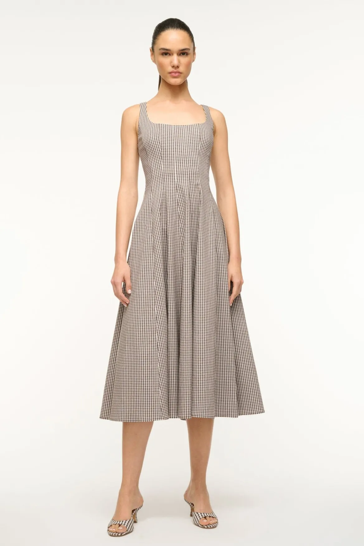 STAUD WELLS DRESS DARK CHOCOLATE MICRO CHECK