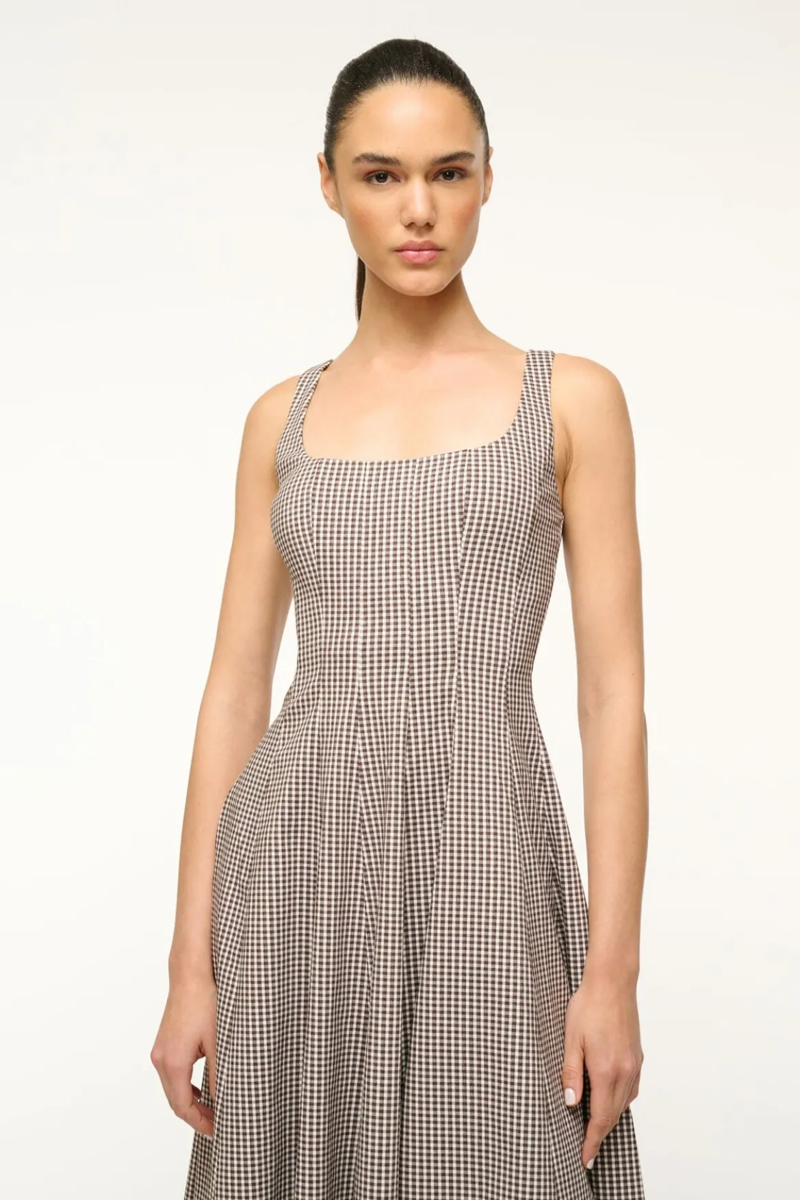 STAUD WELLS DRESS DARK CHOCOLATE MICRO CHECK