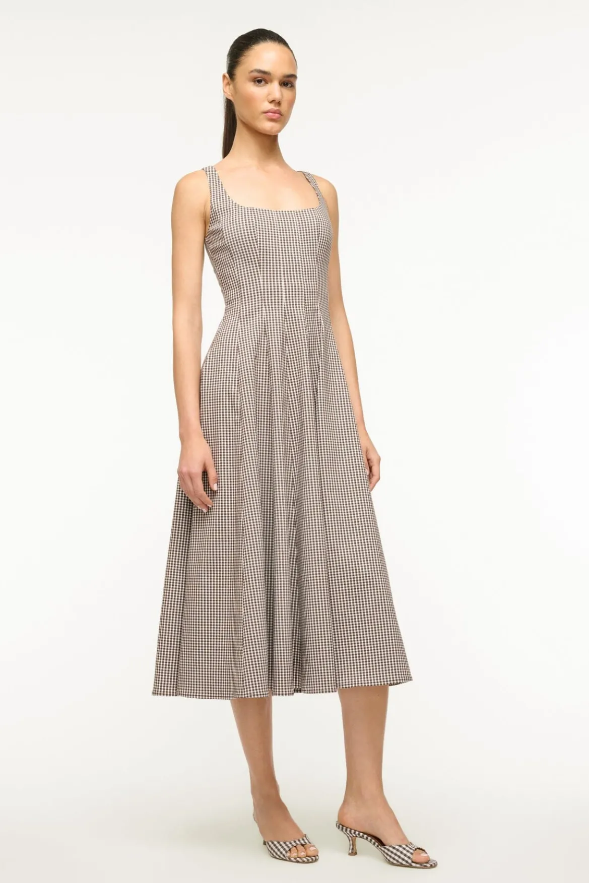 STAUD WELLS DRESS DARK CHOCOLATE MICRO CHECK