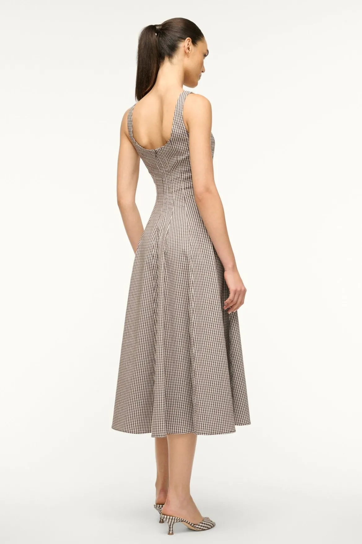 STAUD WELLS DRESS DARK CHOCOLATE MICRO CHECK